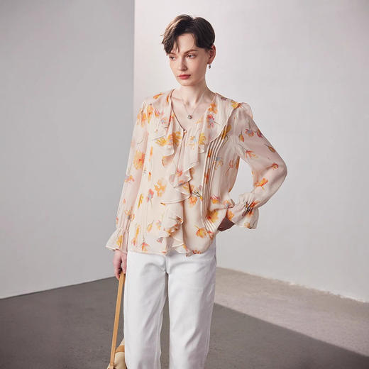 真丝衬衫女2025春夏新款乔其印花两件套荷叶边领100%桑蚕丝上衣 商品图2