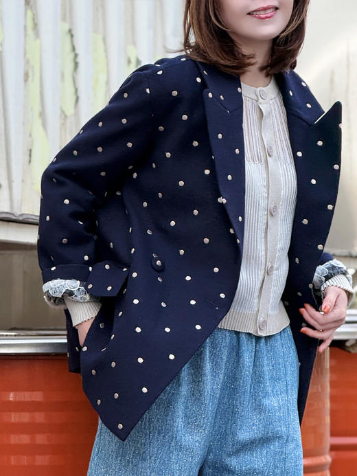 TYNVIE 荷叶边袋口装饰廓形西装-蓝色白点 商品图2