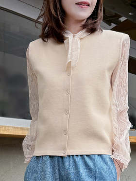 TYNVIE 蕾丝袖围巾领开衫-米白