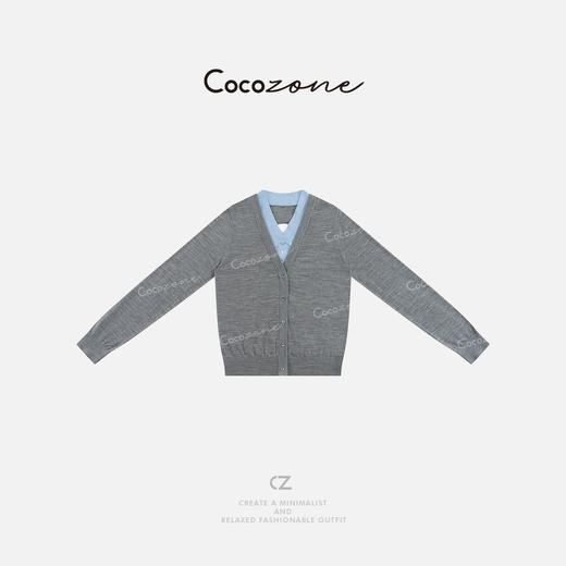 COCO ZONE 刘一一 春季100绵羊毛假两件拼色V领长袖针织衫CD1A0026 商品图0