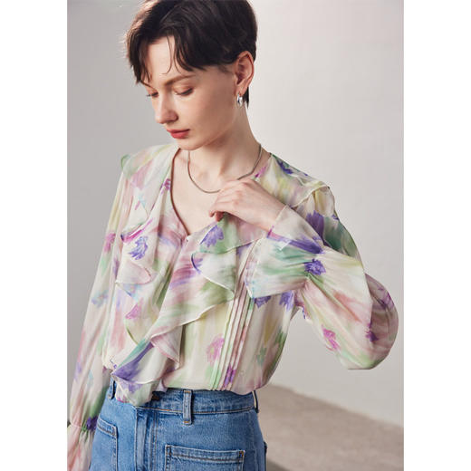 真丝衬衫女2025春夏新款乔其印花两件套荷叶边领100%桑蚕丝上衣 商品图0