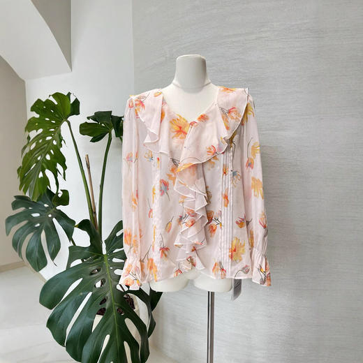 真丝衬衫女2025春夏新款乔其印花两件套荷叶边领100%桑蚕丝上衣 商品图3