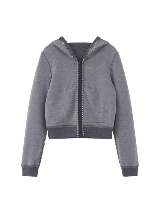 出逃赤岗西/24AWW128/原创灰色拼接格纹双拉链短款连帽卫衣 商品图3