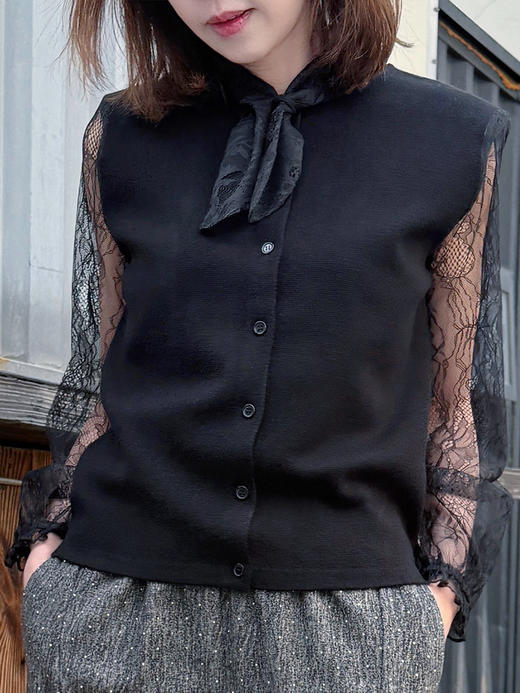 TYNVIE 蕾丝袖围巾领开衫-黑色 商品图1