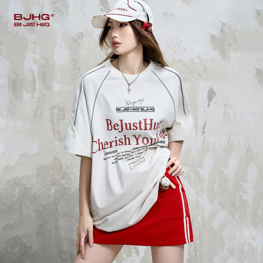 【张桂源同款】BJHG不计后果 复古圆领针织短袖男t恤夏季潮牌美式印花宽松体恤女 商品图3