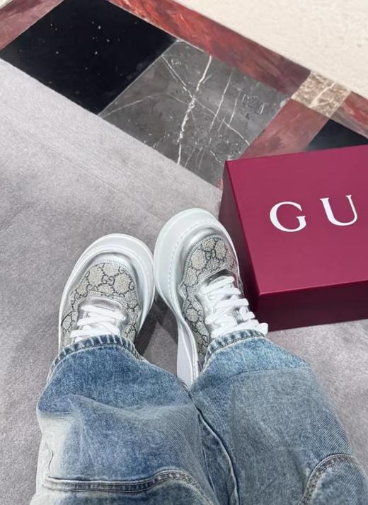 GUCC*古家GG Supreme 皮革 厚底系带 低帮 板鞋 女款 银色（HC） 商品图5