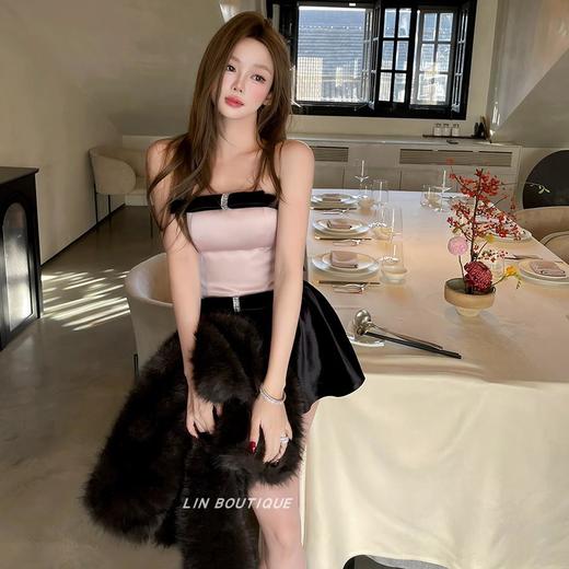 清仓捡漏LIN BOUTIQUE 黑丝绒性感拼接抹胸蝴蝶结连衣裙女2025春季新款 商品图1