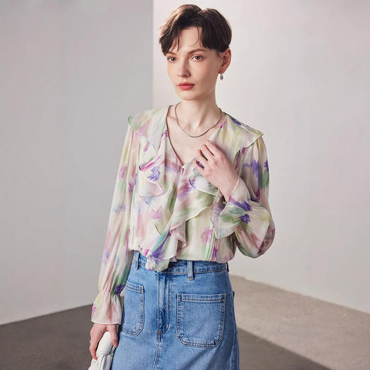 真丝衬衫女2025春夏新款乔其印花两件套荷叶边领100%桑蚕丝上衣 商品图3