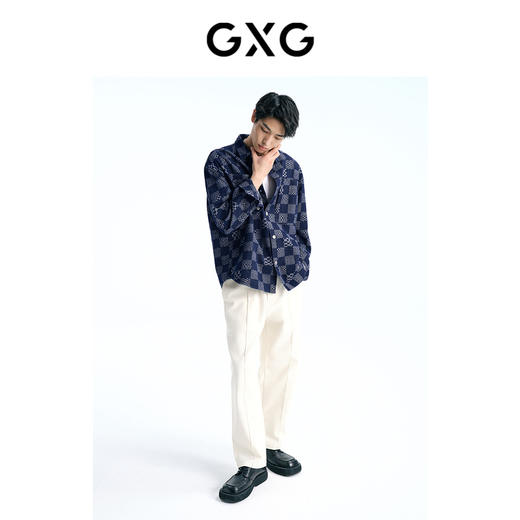 GXG男装 深蓝棋盘格提花潮流时尚衬衫外套   春季热卖 商品图1