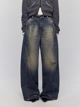 出逃赤岗西/24AWN76/复古水洗吊磨立体猫须褶边低腰竹节纹宽松阔腿牛仔裤