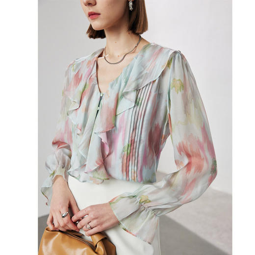 真丝衬衫女2025春夏新款乔其印花两件套荷叶边领100%桑蚕丝上衣 商品图1