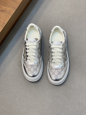 GUCC*古家GG Supreme 皮革 厚底系带 低帮 板鞋 女款 银色（HC）