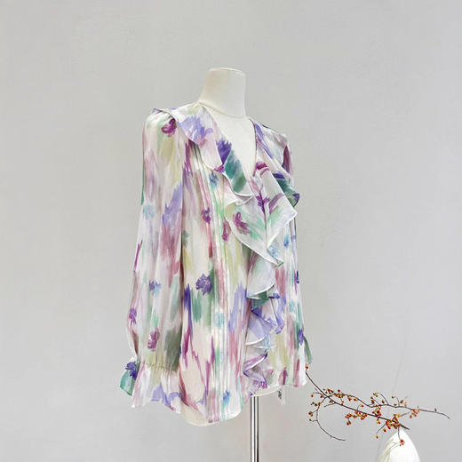 真丝衬衫女2025春夏新款乔其印花两件套荷叶边领100%桑蚕丝上衣 商品图2