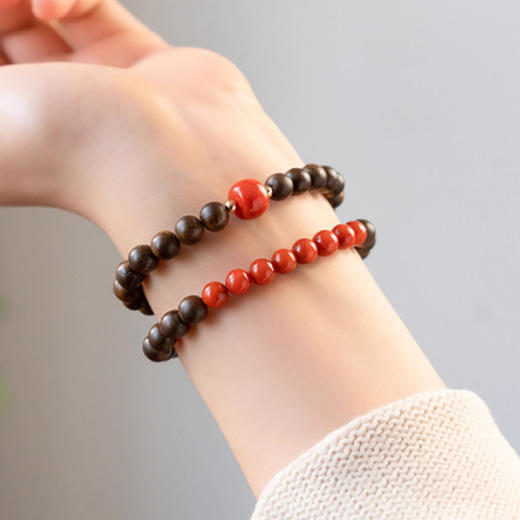 【经典】木石盟沉香木天然南红双圈手串6mm  新中式国风满肉南红玛瑙石手链带证书 商品图1