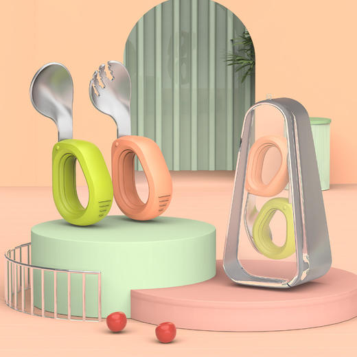 【圆环手柄，拼色组合】儿童叉勺304不锈钢 小童学吃饭短柄弯头叉子勺子 儿童餐具套装-QQ 商品图3