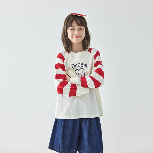 棵初2025年春季新款女童条纹印花长袖T恤拼接中大童花朵图案上衣 商品图2