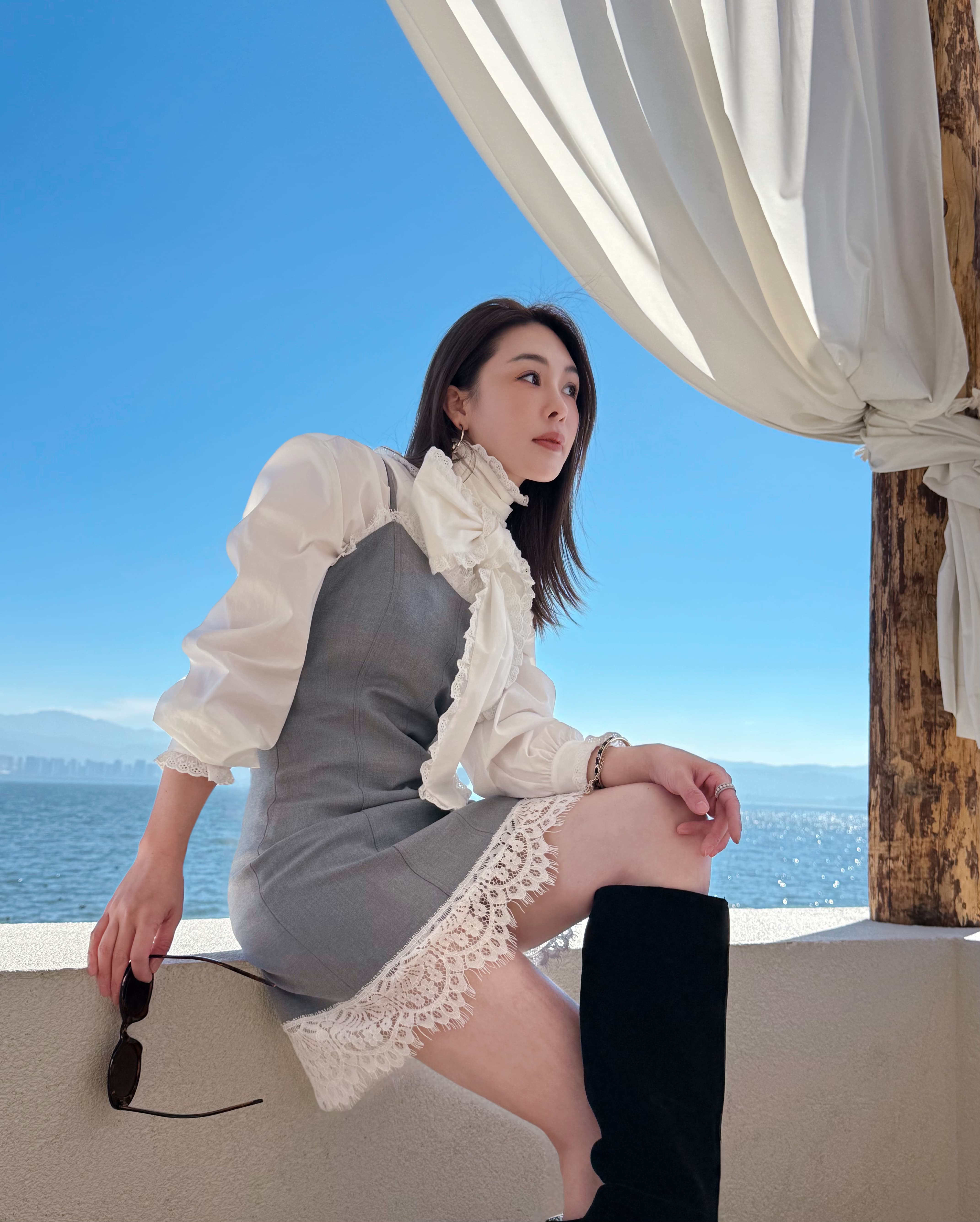 PIANAI冷小姐# 自带小蛮腰的 法式浪漫拼蕾丝边吊带连衣裙