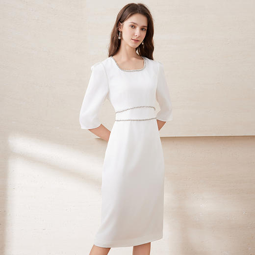EITIE爱特爱春季新款方领气质优雅钉珠收腰显瘦礼服连衣裙7777413 商品图2