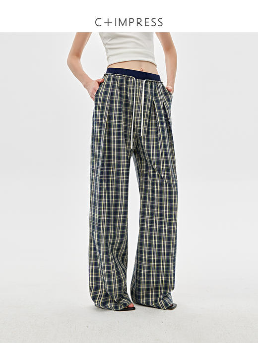 C+IMPRESS西嘉|全棉复古格子裤女2025春季新款撞色抽绳休闲运动裤KZ2501039 商品图1