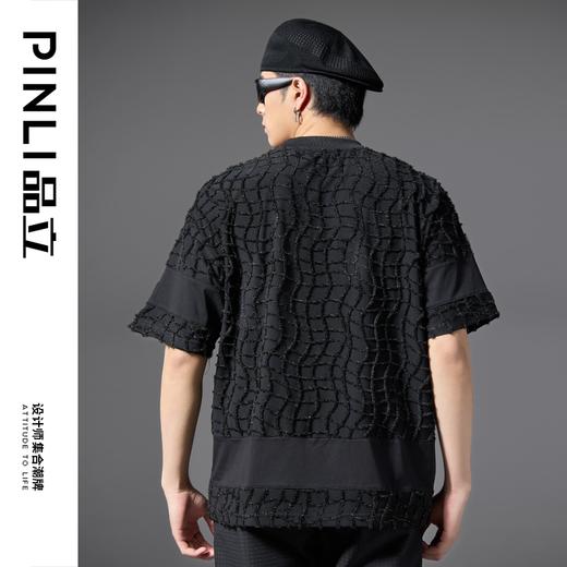 PINLI品立2025春夏新款潮牌格子毛边短袖T恤男士宽松时尚休闲上衣B252111008 商品图2