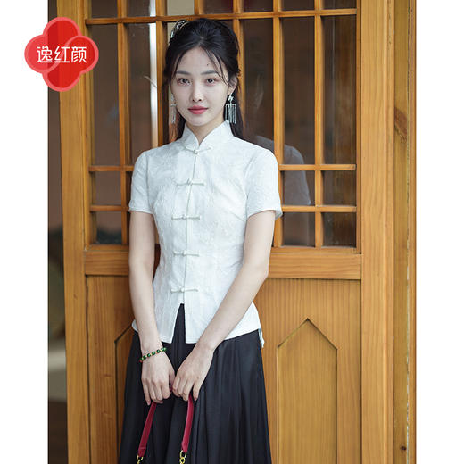 上海逸红颜月吟2025年夏季新款蕾丝立领前开襟新中式国风旗袍上衣 商品图0