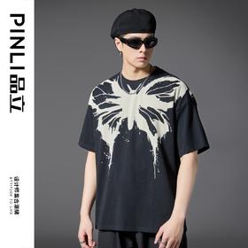 PINLI品立2025春夏新款男蝴蝶印花圆领休闲短袖T恤上衣B252111010
