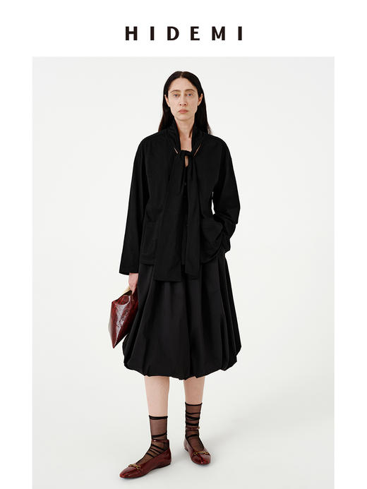 HIDEMI甄选进口纯棉纱线极简围巾T恤设计感V领口袋长袖纽扣衬衫女 商品图9