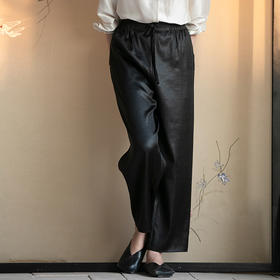 牧衣游 香云纱手工刺绣裤子新款显瘦黑色宽松垂感休闲裤 玉茂绿