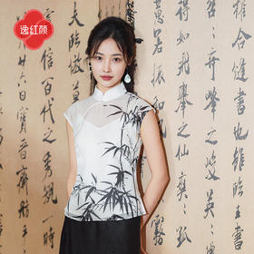 上海逸红颜影诗2025年夏季新款水波缎竹节水墨风包肩袖旗袍上衣女