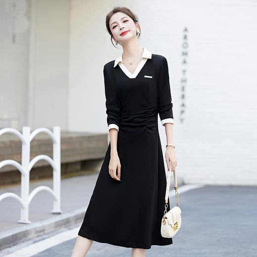 HR-YIXG8855拼色小众设计感衬衫POLO领收腰显高小黑裙2025新款收腰气质连衣裙 商品图1