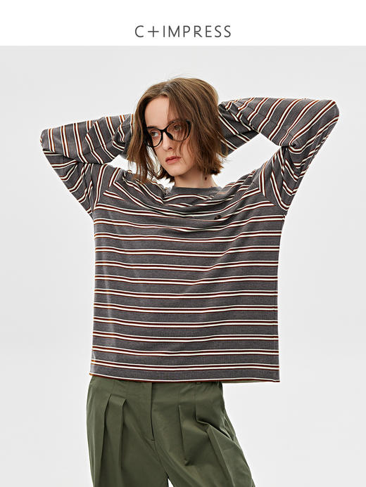 西嘉|天丝羊毛 肯豆风条纹长袖t恤女2025春季新款宽松圆领上衣T2501028 商品图1