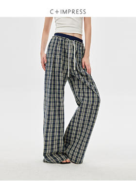 C+IMPRESS西嘉|全棉复古格子裤女2025春季新款撞色抽绳休闲运动裤KZ2501039