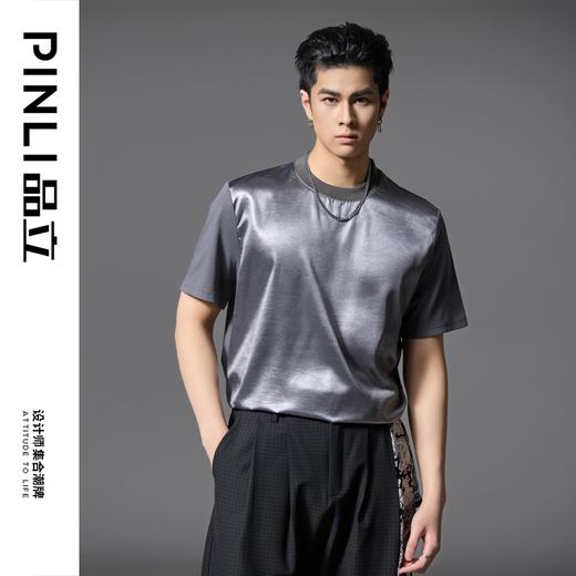 PINLI品立2025春夏新款潮牌宽松短袖T恤男士简约百搭拼料休闲上衣B252111003 商品图3