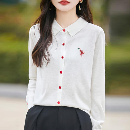 纤束马春季精纺羊毛火烈鸟烫钻针织衫 N-502 商品图9