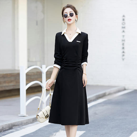 HR-YIXG8855拼色小众设计感衬衫POLO领收腰显高小黑裙2025新款收腰气质连衣裙 商品图2