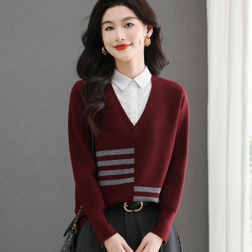 CC-5-6328春秋季新款拼接设计感假两件长袖针织衫百搭宽松上衣 商品图0