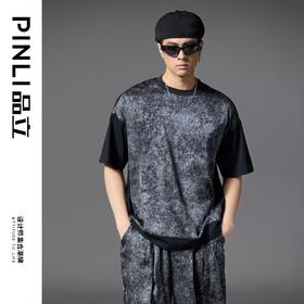 PINLI品立2025春夏新款晕染印花宽松T恤男士国潮休闲拼接短袖上衣B252111006