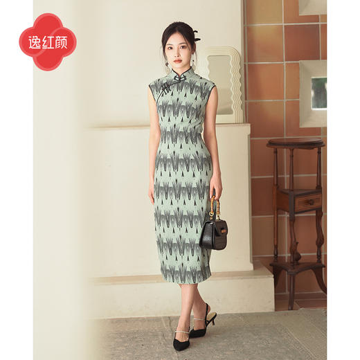 上海逸红颜清叙2025年夏季新款单层弹力针织印花新中式文艺旗袍 商品图0