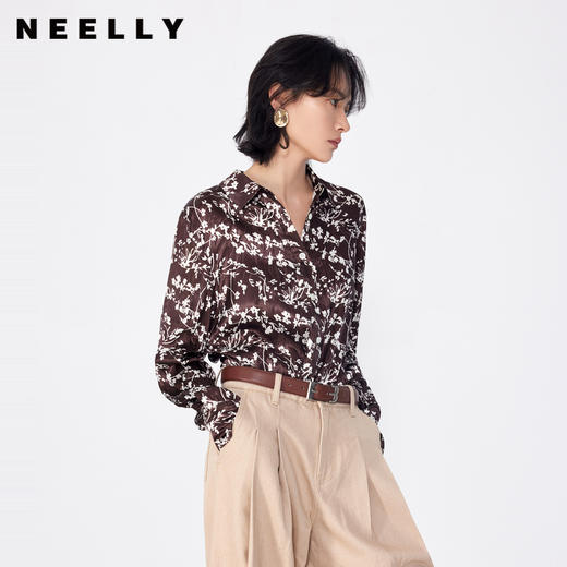 NEELLY纳俪商场同款春季新款宽松肌理压褶印花长袖休闲衬衫女衬衣N25024B04572 商品图0
