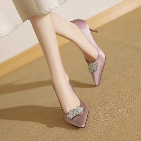 【预售5天】真丝羊皮高跟鞋女细跟2025年新款百搭尖头气质浅口水钻单鞋ZF&25066