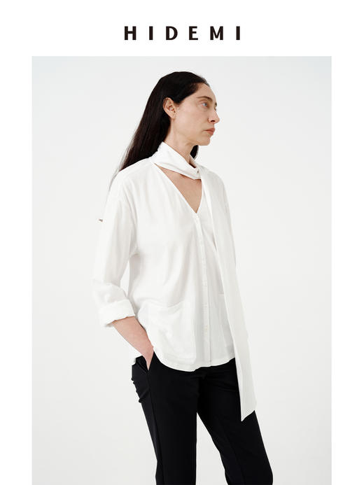 HIDEMI甄选进口纯棉纱线极简围巾T恤设计感V领口袋长袖纽扣衬衫女 商品图7