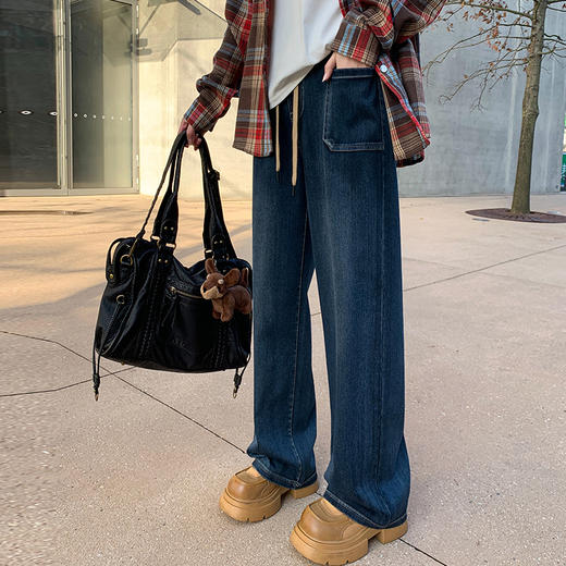 优选丨K.HIP 复古法式口袋高腰抽绳直筒牛仔阔腿裤 2503 常规款/小个子款 直筒版型，修饰腿型，展现线条美感；甄选弹力牛仔面料，纹理清晰而自然；立体剪裁高腰，时尚百搭 商品图1