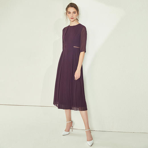 EITIE爱特爱女装初秋季新款薄纱透视五分袖百褶连衣裙长6007771 商品图9