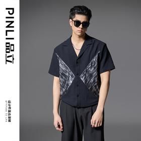 PINLI品立2025春夏新款夏威夷领宽松短袖衬衫男印花拼接潮牌衬衣B252113015