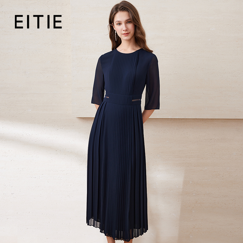 EITIE爱特爱女装初秋季新款薄纱透视五分袖百褶连衣裙长6007771