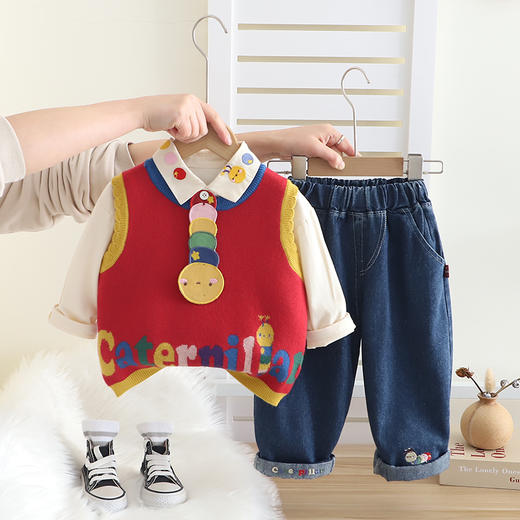 【新品抢先看！春款套装！】男童套装 春装2025新款 洋气婴儿童 春季帅气毛衣马甲三件套 宝宝潮衣-QQ 商品图0