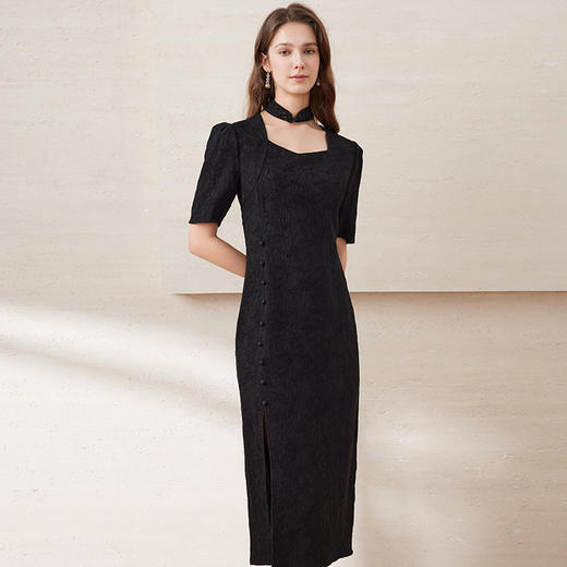 EITIE爱特爱春季新款时尚通勤改良旗袍开叉显瘦纯色连衣裙7707403 商品图3