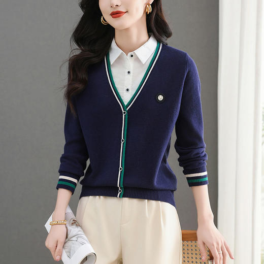 CC-5-6330春季时尚洋气衬衫领假两件针织打衫上衣女文艺范拼色内搭毛衣 商品图2