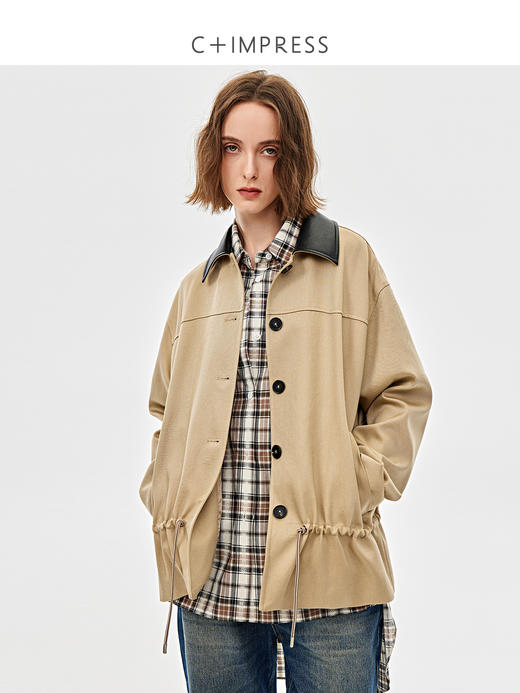 C+IMPRESS西嘉|天丝棉混纺复古巴恩风外套女皮领高端工装短款风衣WT2501007 商品图1