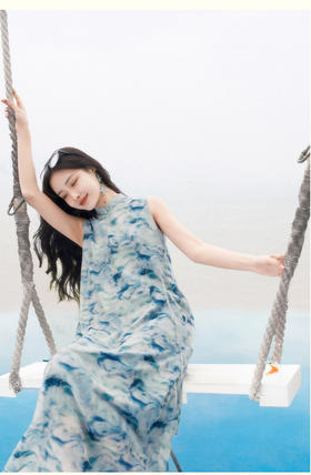 上海逸红颜春辰2025年夏季新款棉印花散摆度假风新中式旗袍连衣裙